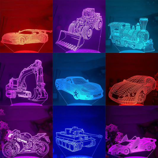 Luminária Decorativa 3D Troca de Cor Carros e Outros